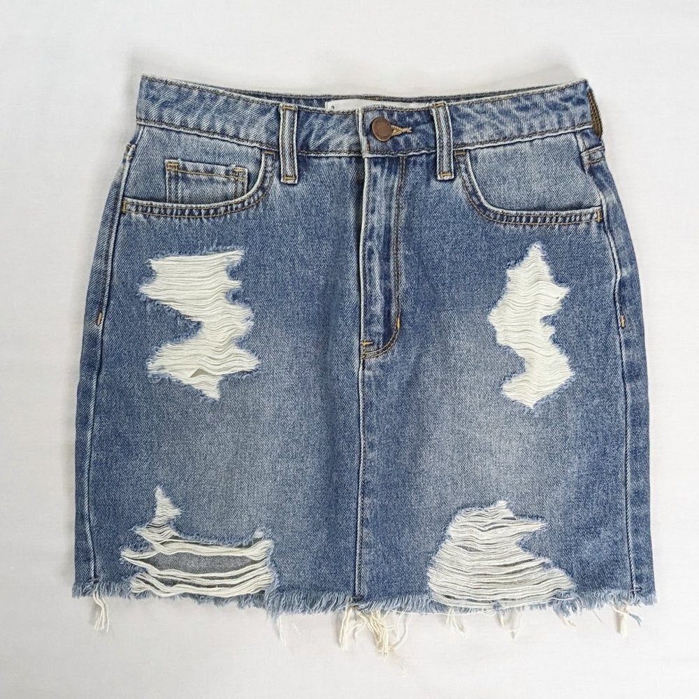 Hollister Light Wash Denim Distressed Raw Hem Mini Skirt